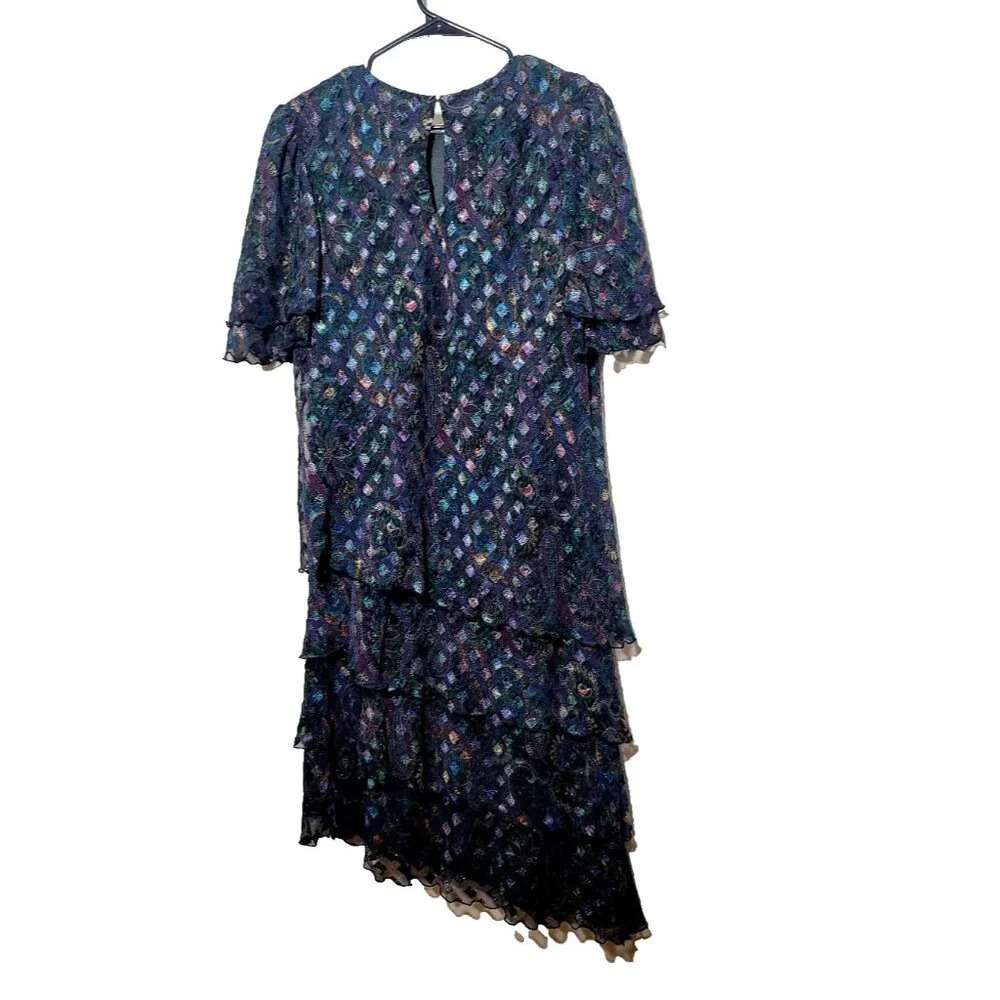 Vtg Cattiva Dress Sz M Midi Geometric Bow Layered Ruffle Chiffon Metallic Retro - Picture 2 of 12
